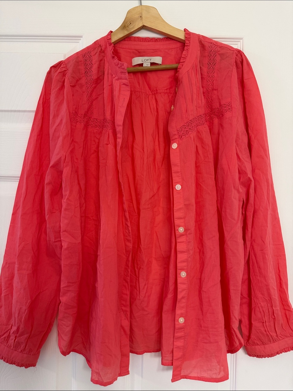 LOFT Coral Button-Front Lace-Trim Blouse